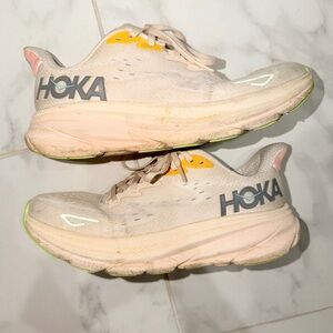 Hoka Beige and Yellow Athletic Shoes